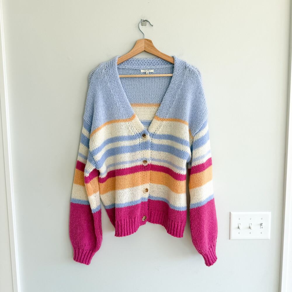 Z Supply Chasing Sunset V Neck Button Down Long Sleeve Sweater Pink M